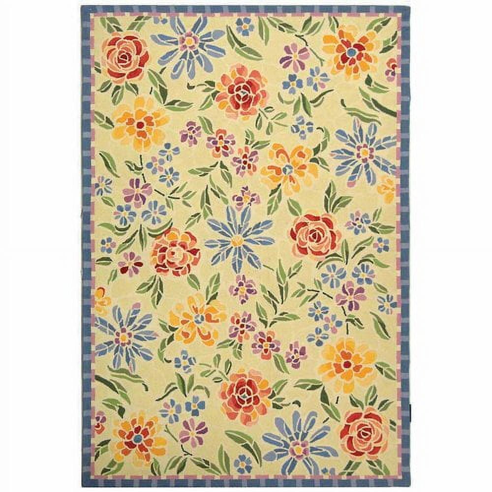 Ivory Floral Hand Hooked Wool Area Rug, 6' x 9'