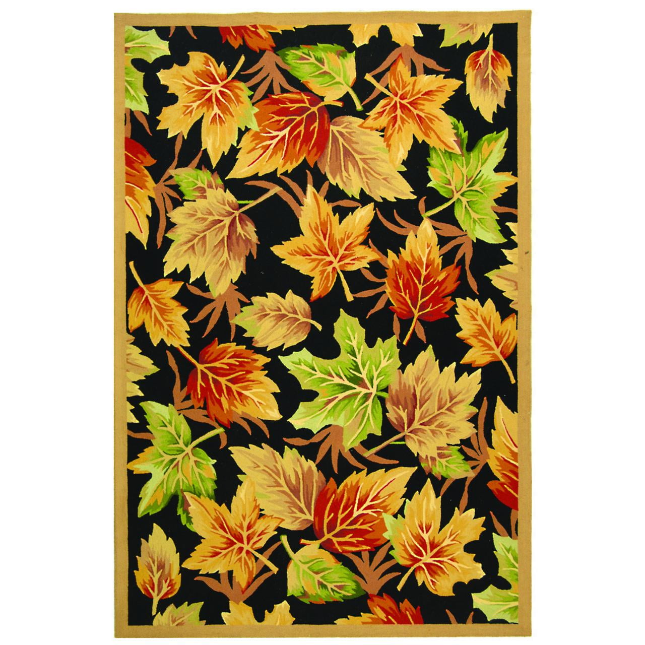 Black Floral Wool Hooked Area Rug, 6' x 9'