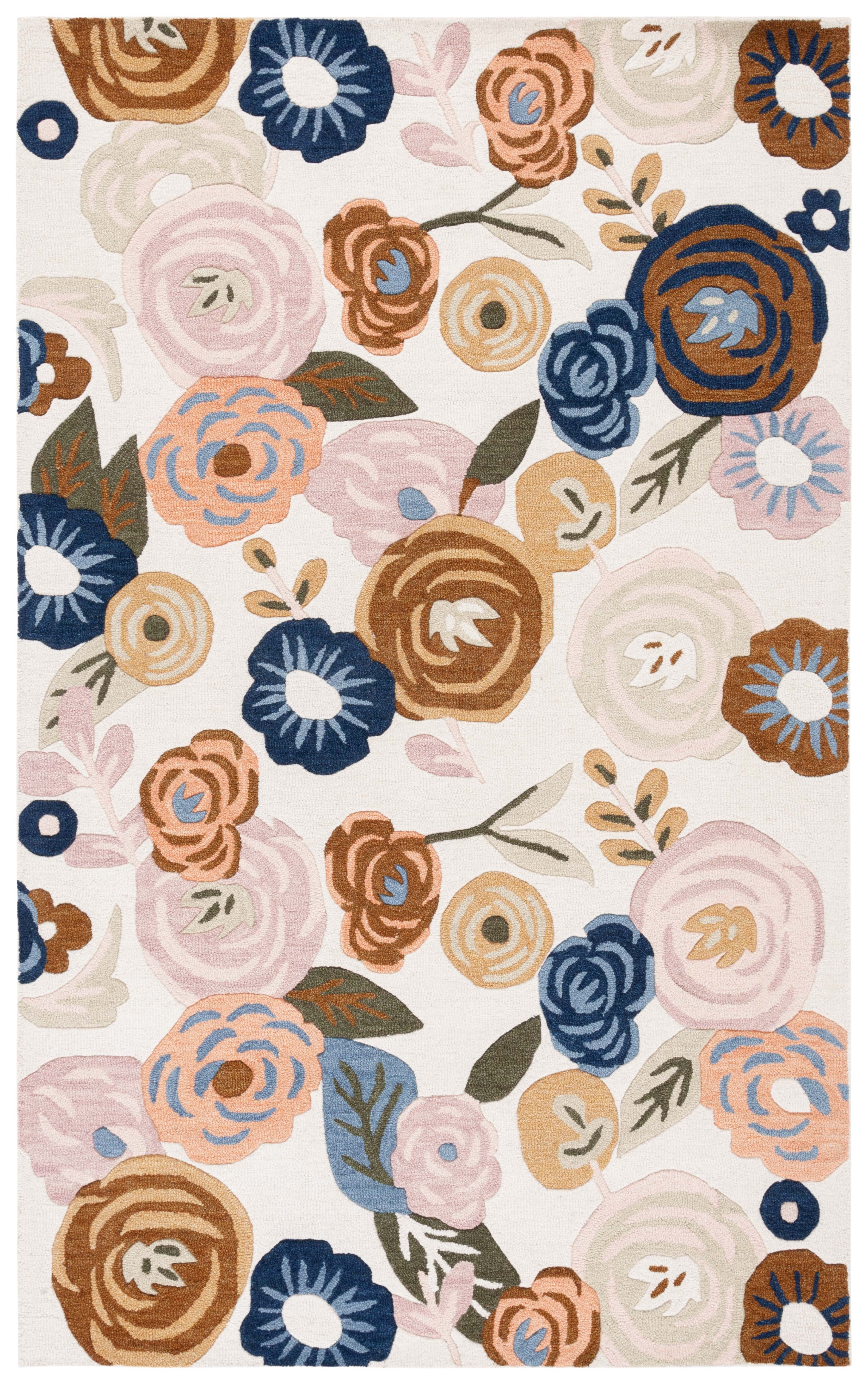 Ivory and Pink Floral Tufted Wool Handmade 4' x 6' Rug