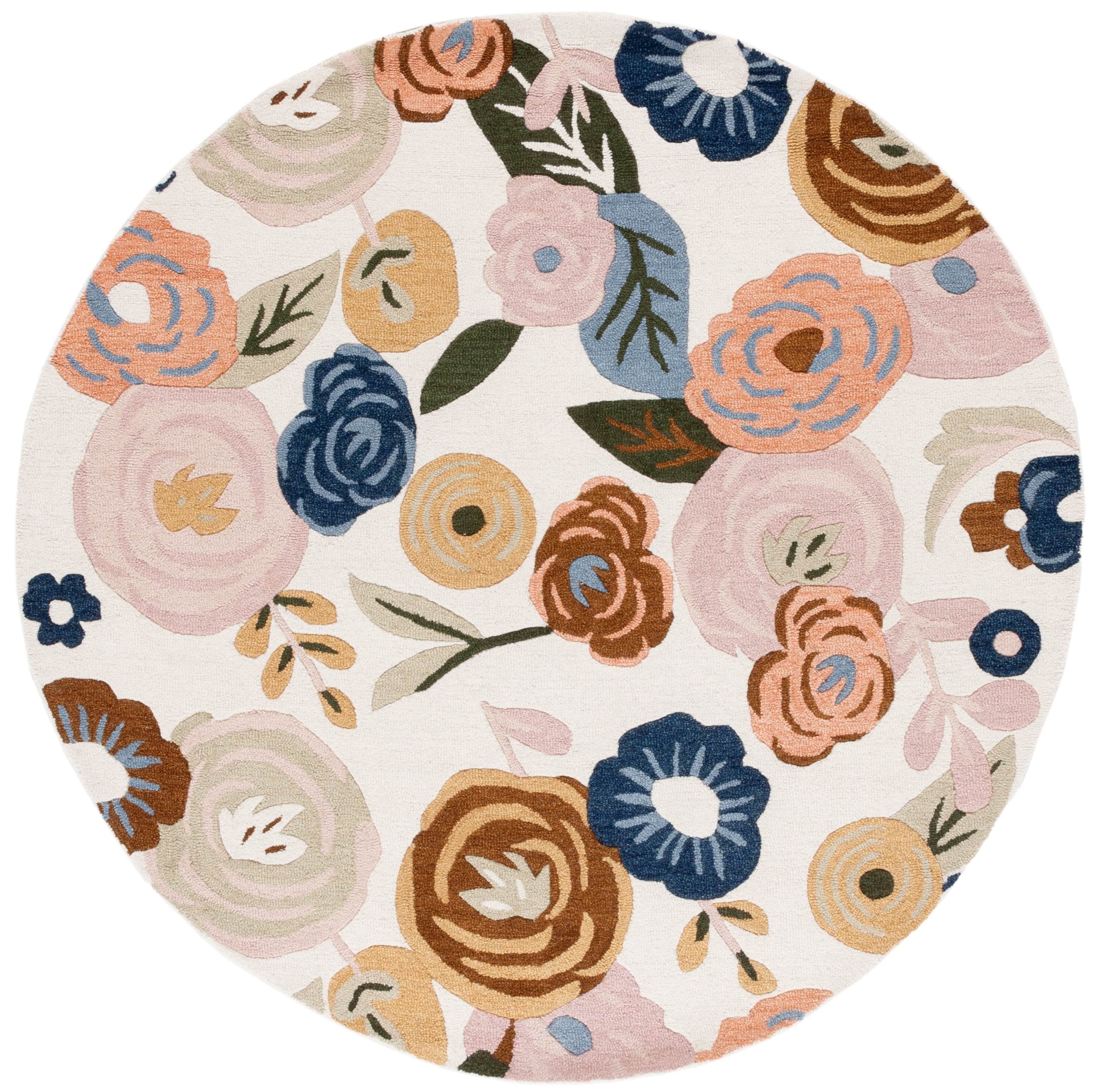 Ivory Floral Hand-Tufted Round Wool Rug, 6ft