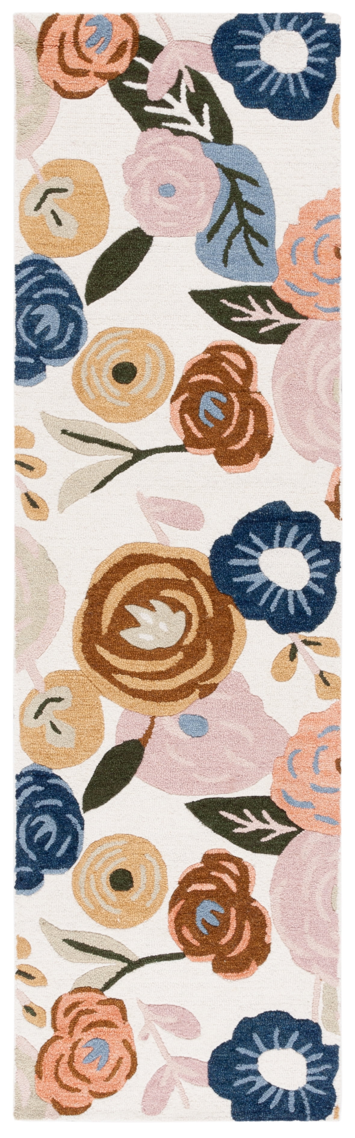 Ivory and Pink Floral Handmade Wool Runner Rug