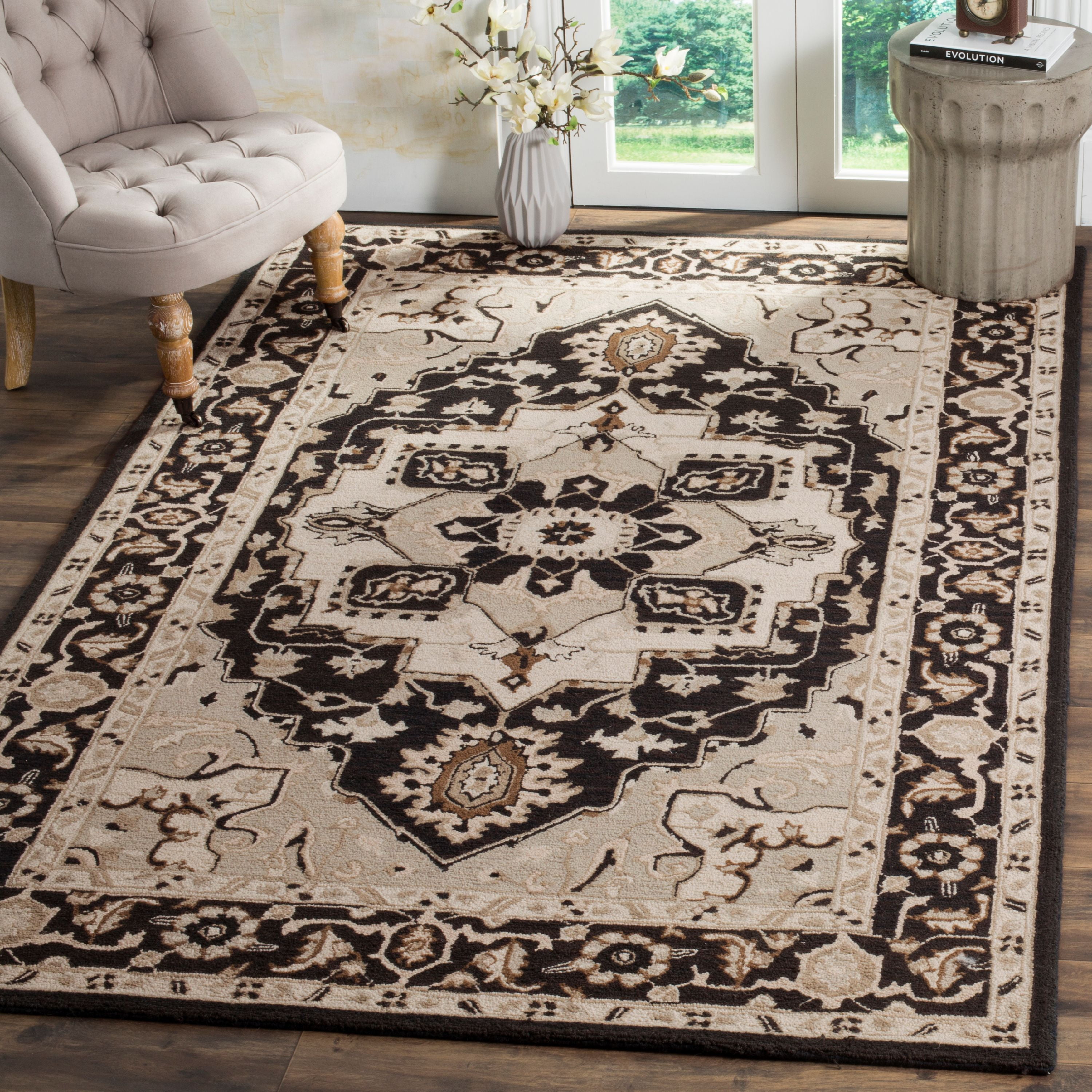 Handmade Tufted Black Floral Round Wool Area Rug, 5'3" x 8'3"