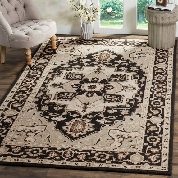 SAFAVIEH Chelsea Flowers Floral Wool Area Rug, Black/Natural, 6' x 9'