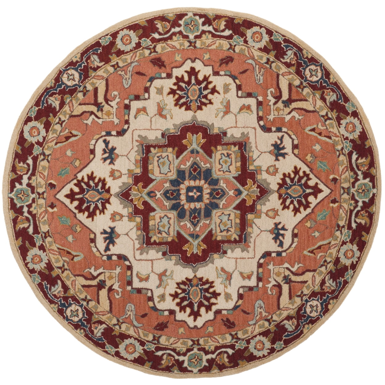 Hand-Knotted Red and Ivory Floral Wool Round Area Rug