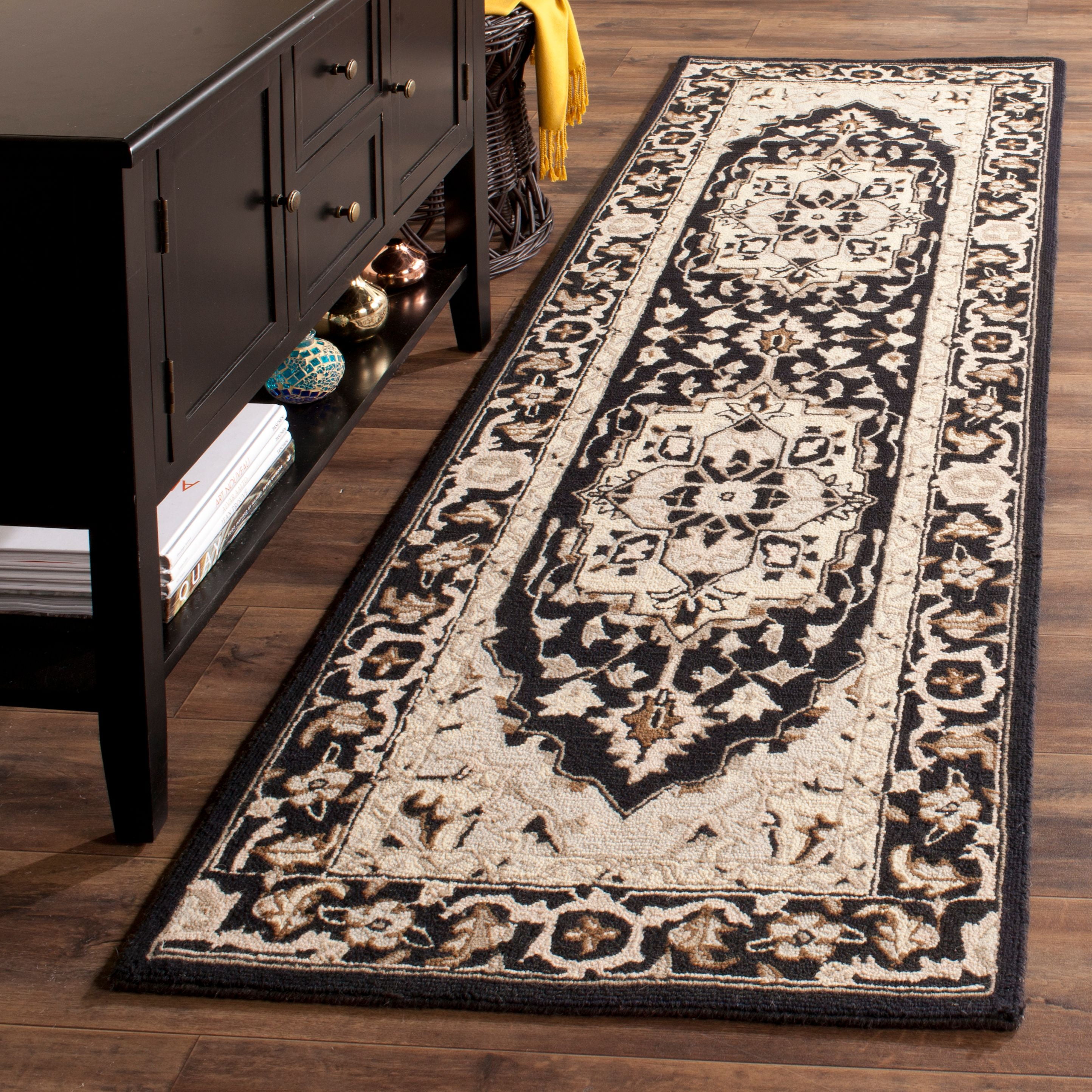 Black Floral Hand Hooked Wool Runner Rug