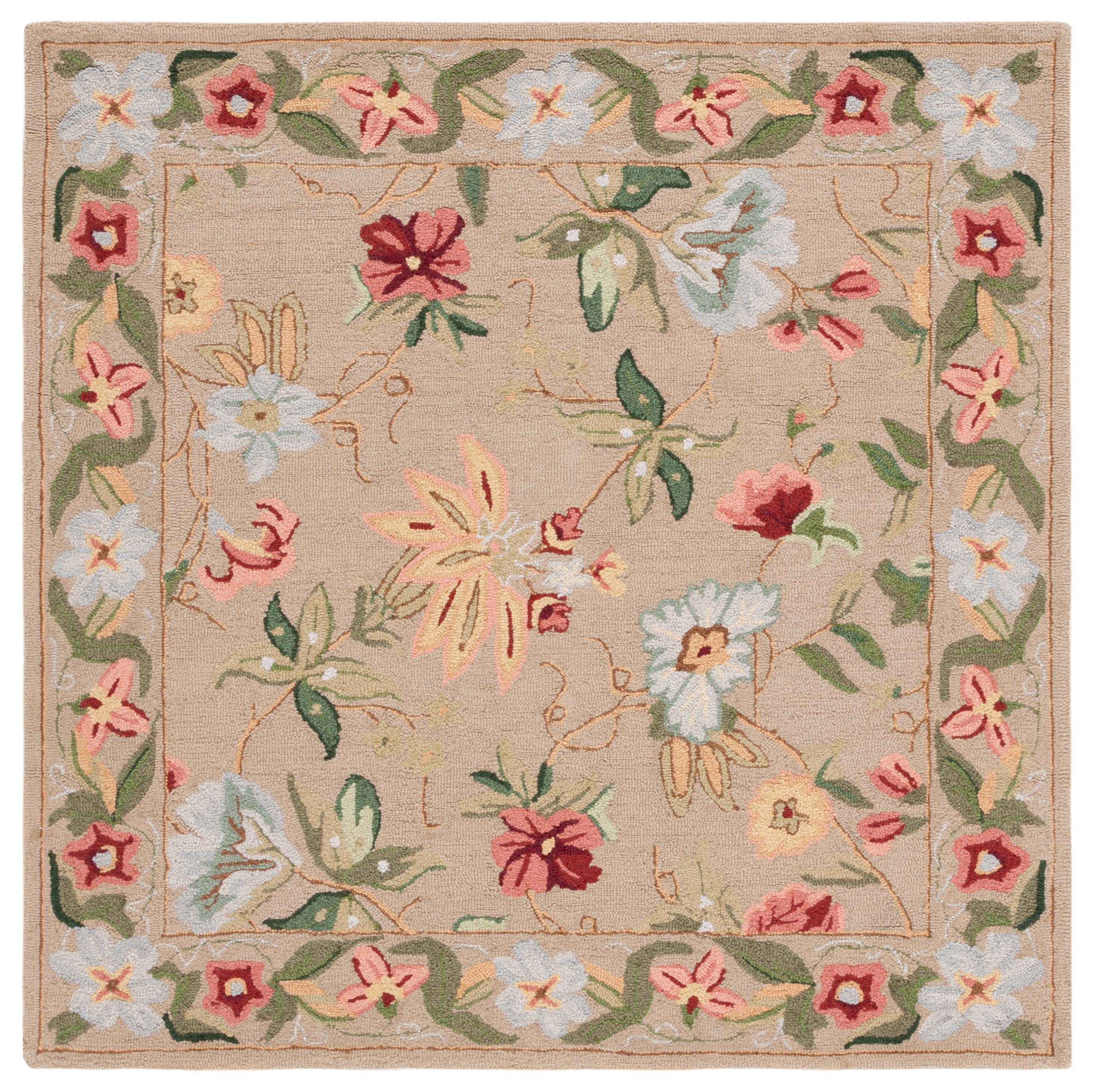 Beige Floral Hand-Knotted Wool Square Area Rug
