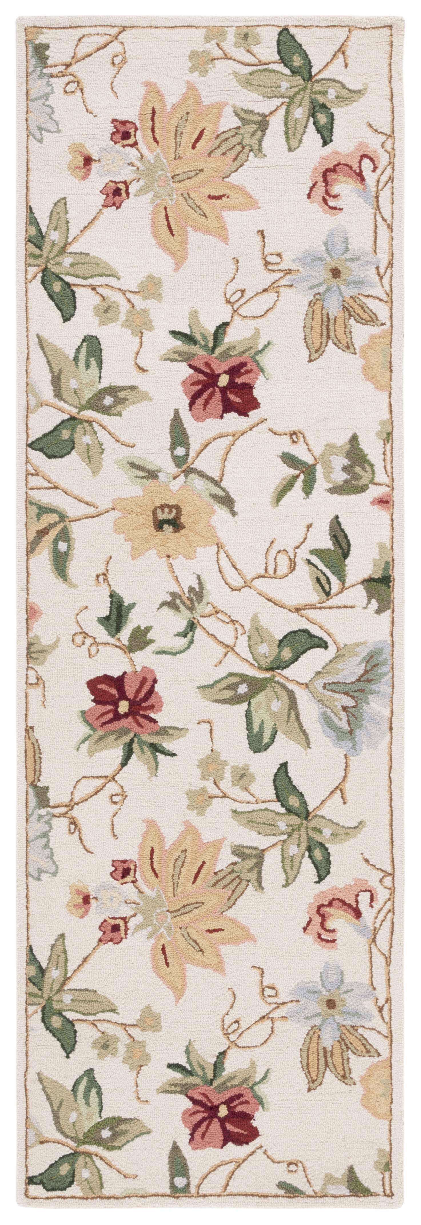 Ivory Floral Hand-Hooked Wool Runner Rug, 2'6" x 10'