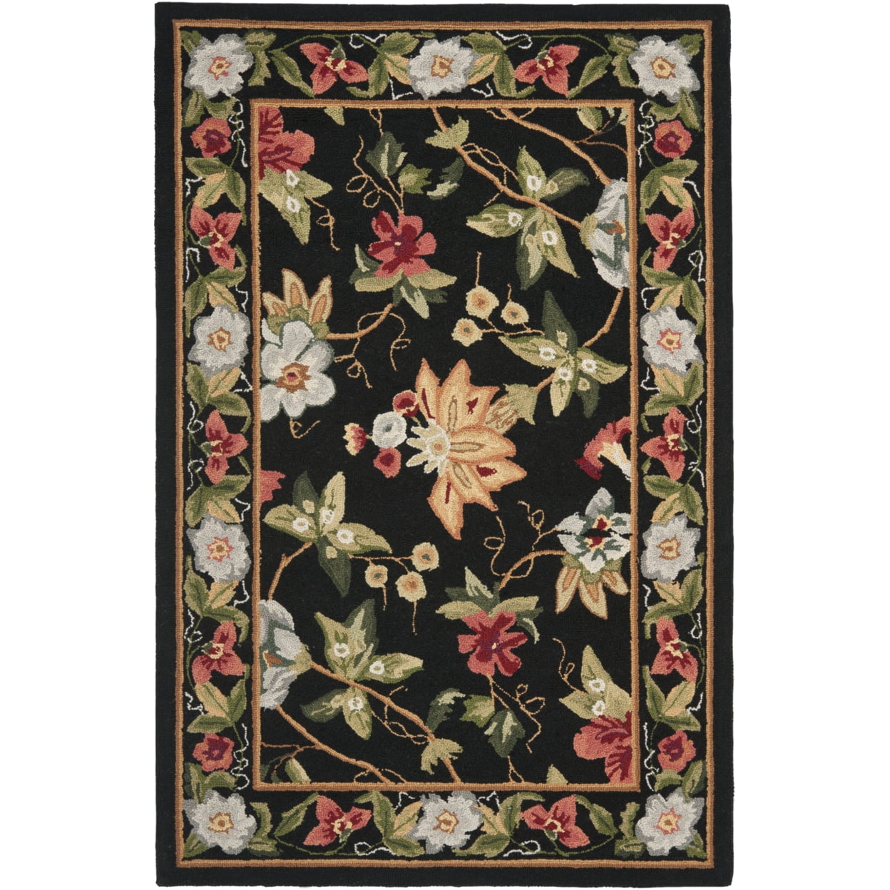 Handmade Black Floral Wool Accent Rug 2'6" x 4'