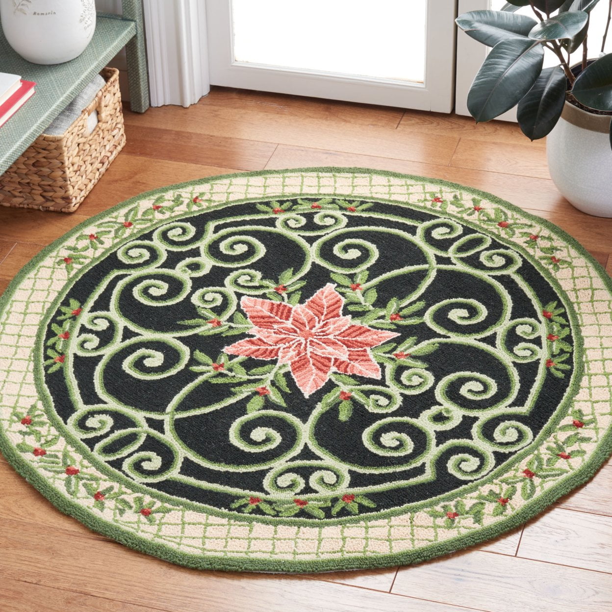 Ivory and Green Handmade Wool Half Moon Rug
