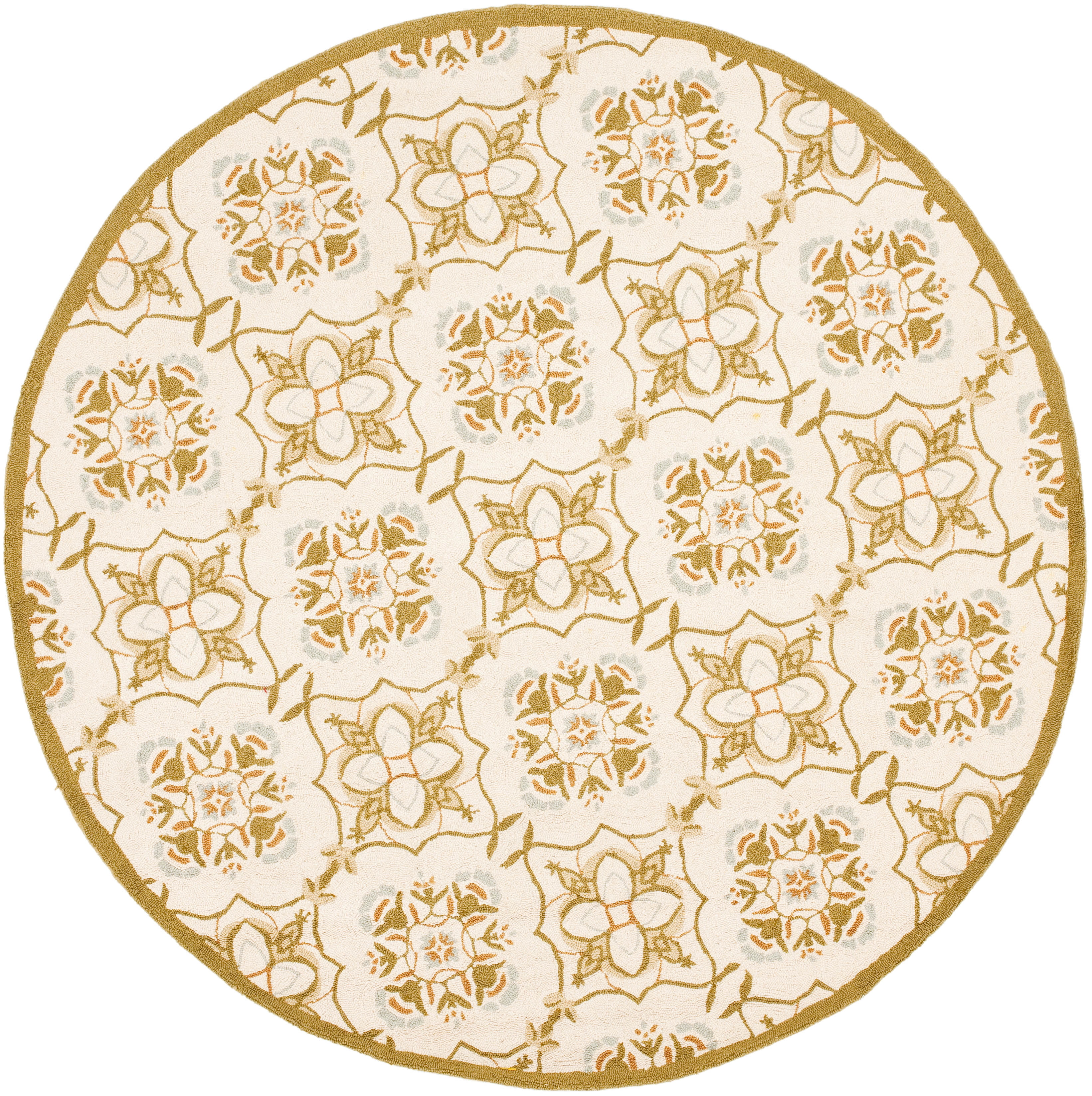 Handmade Round Ivory and Green Wool Rug, 8' Diameter