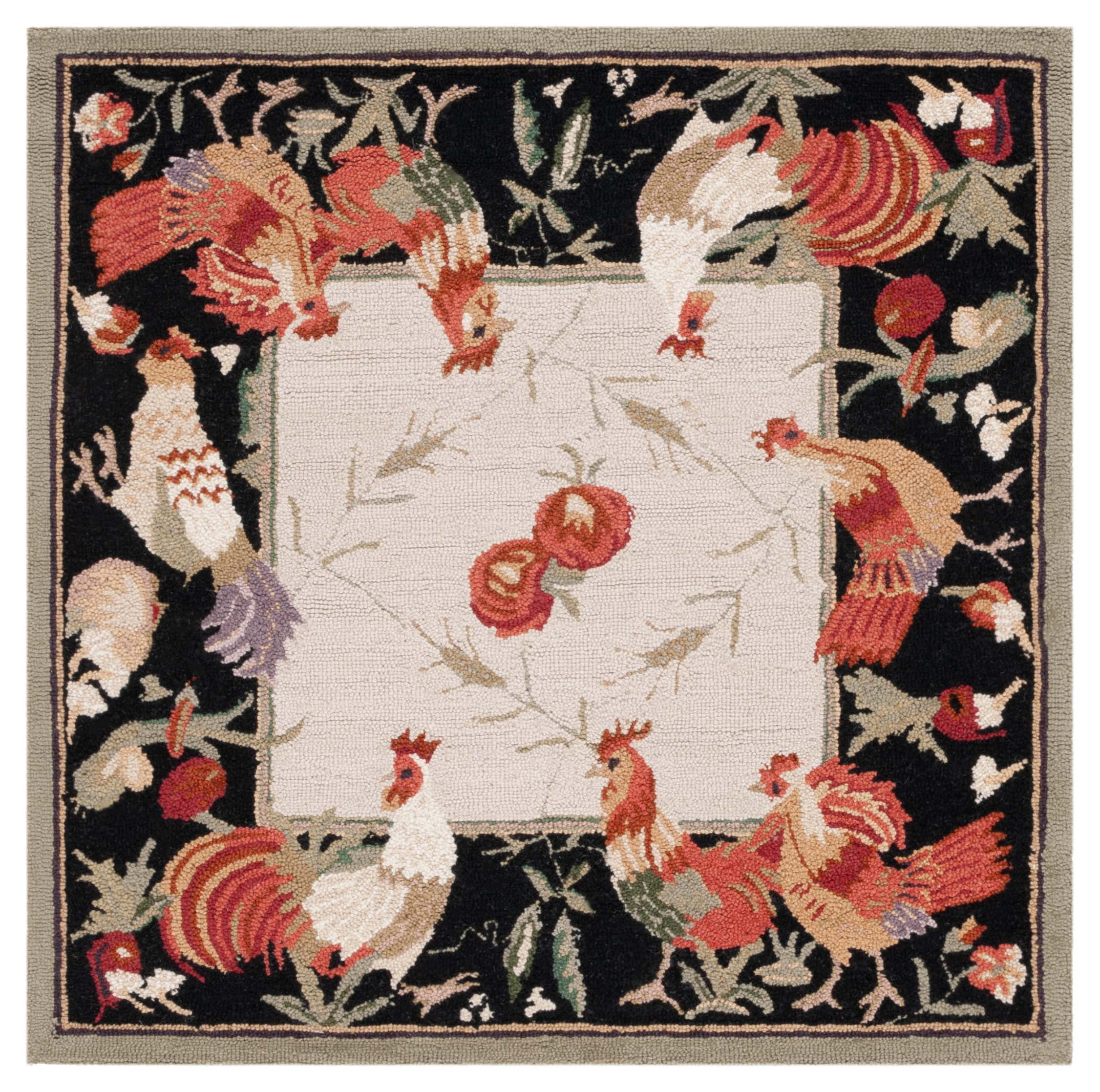Ivory and Black Hand-Knotted Wool Square Rug