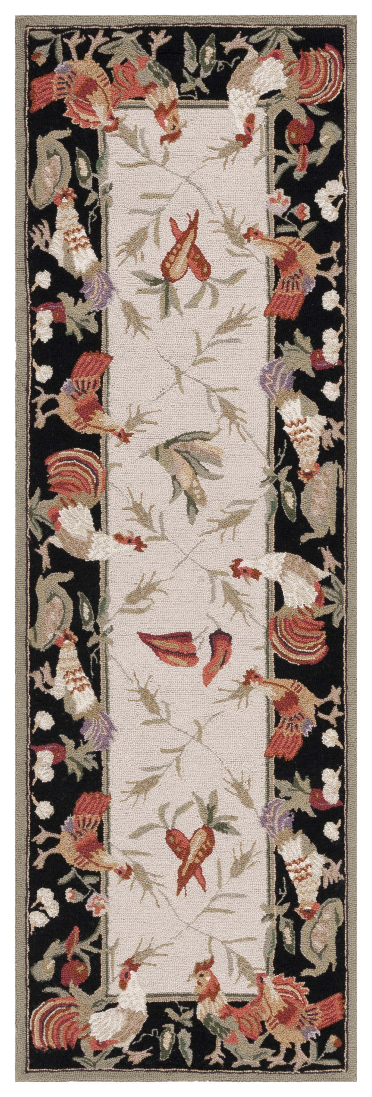 Ivory and Black Floral Hand-Knotted Wool Runner Rug