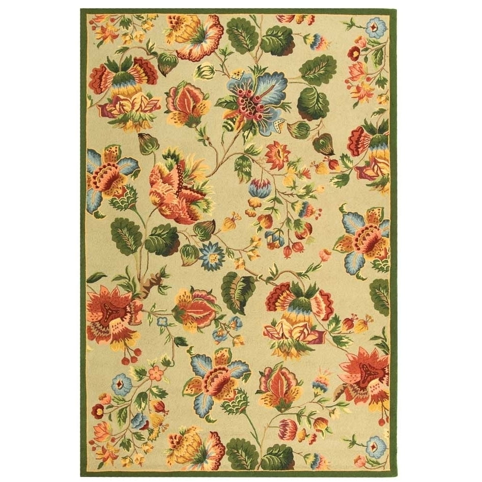 Sage Floral Hand-Hooked Wool Small Rug with Edge Embellishment