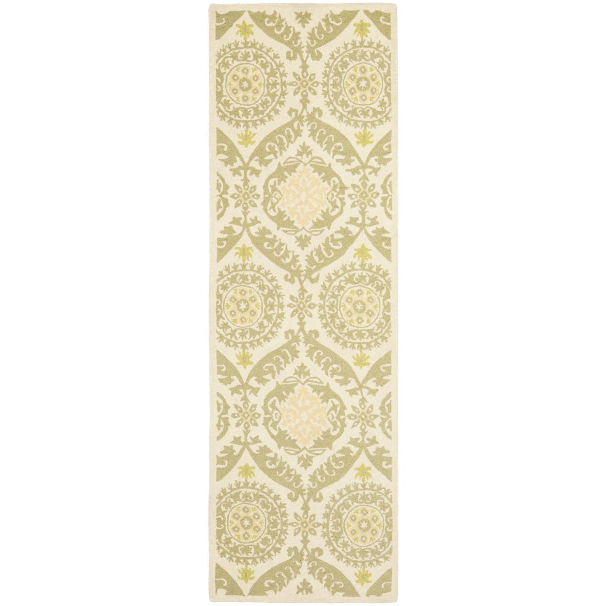 Ivory and Green Floral Hand-Hooked Wool Round Rug