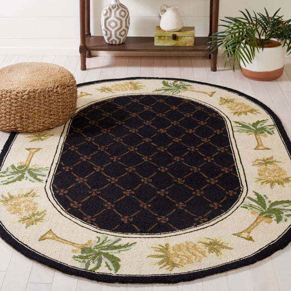 Safavieh Chelsea Imani Palm Tree Pineapple Lovers Wool Area Rug, Black/Ivory, 7'6" x 9'6" Oval