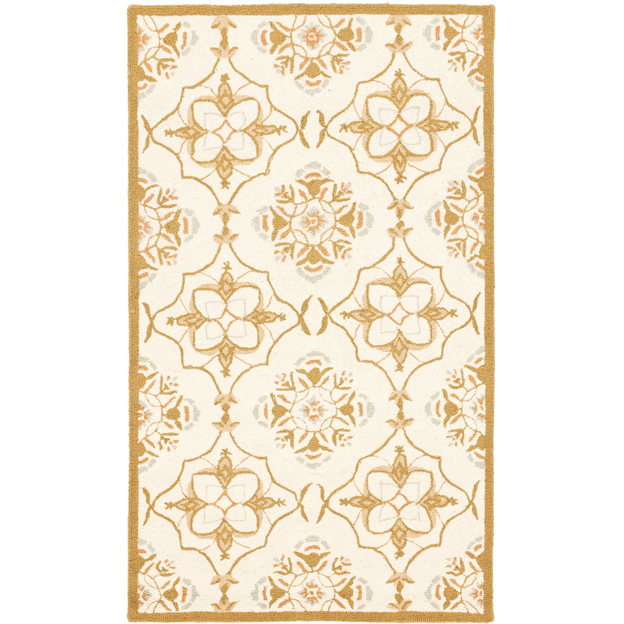 Ivory and Green Handmade Wool Area Rug