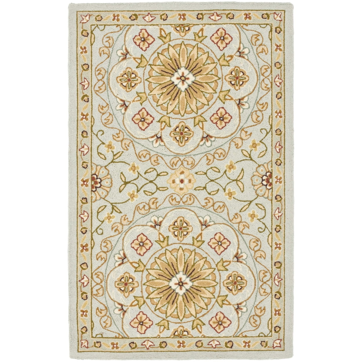 Teal and Green Floral Wool Hooked Rug, 3'9" x 5'9"