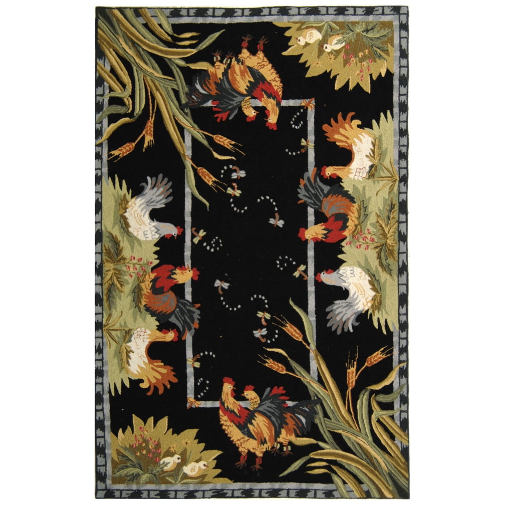 Handmade Black Floral Wool Oval Area Rug 5' x 7'