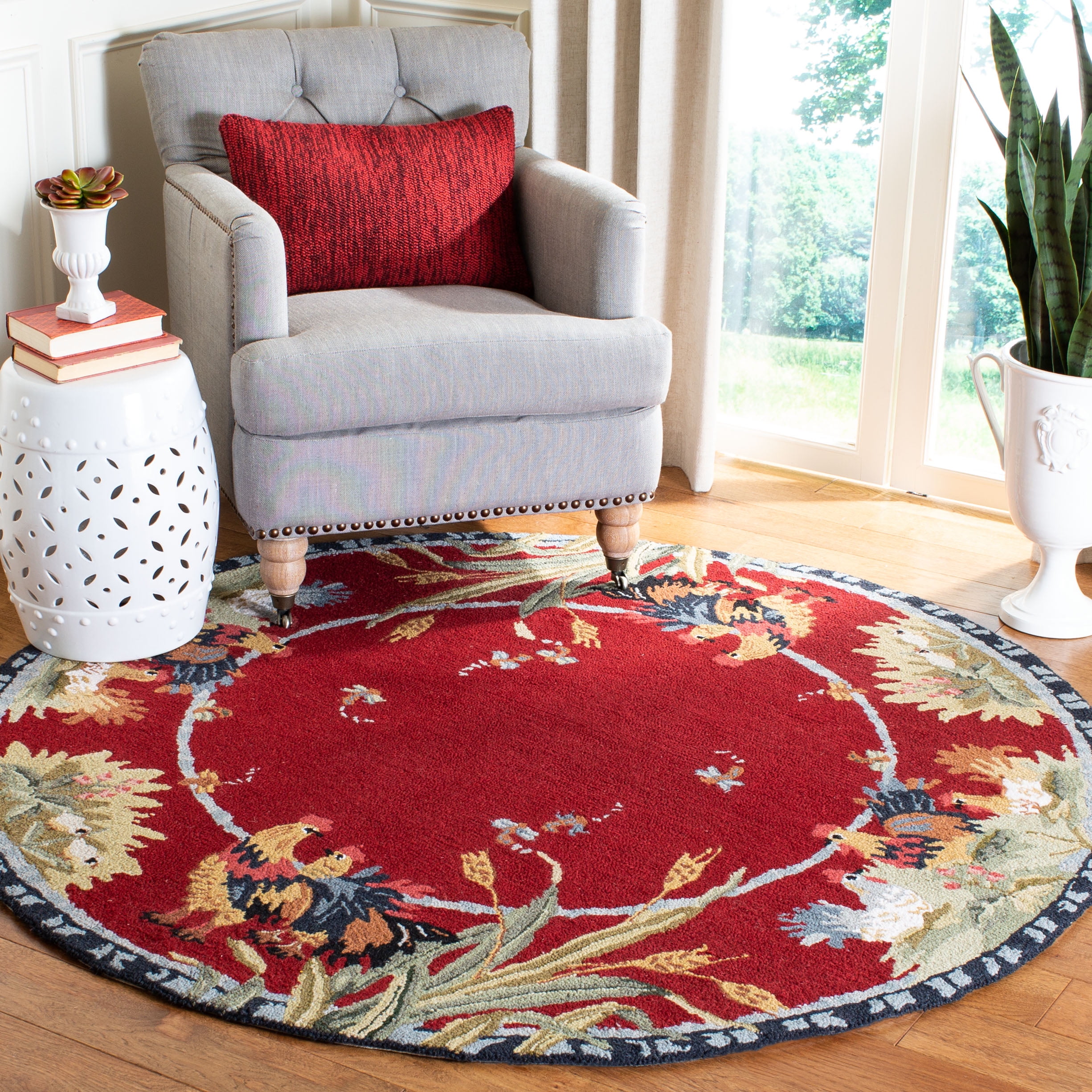 Chelsea 8' Round Red Wool Floral Hand-Hooked Area Rug