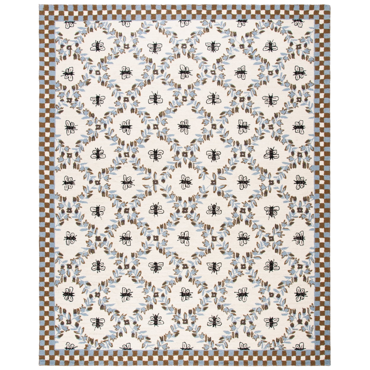 Handmade Blue Floral Wool Rectangular Rug with Edge Embellishment