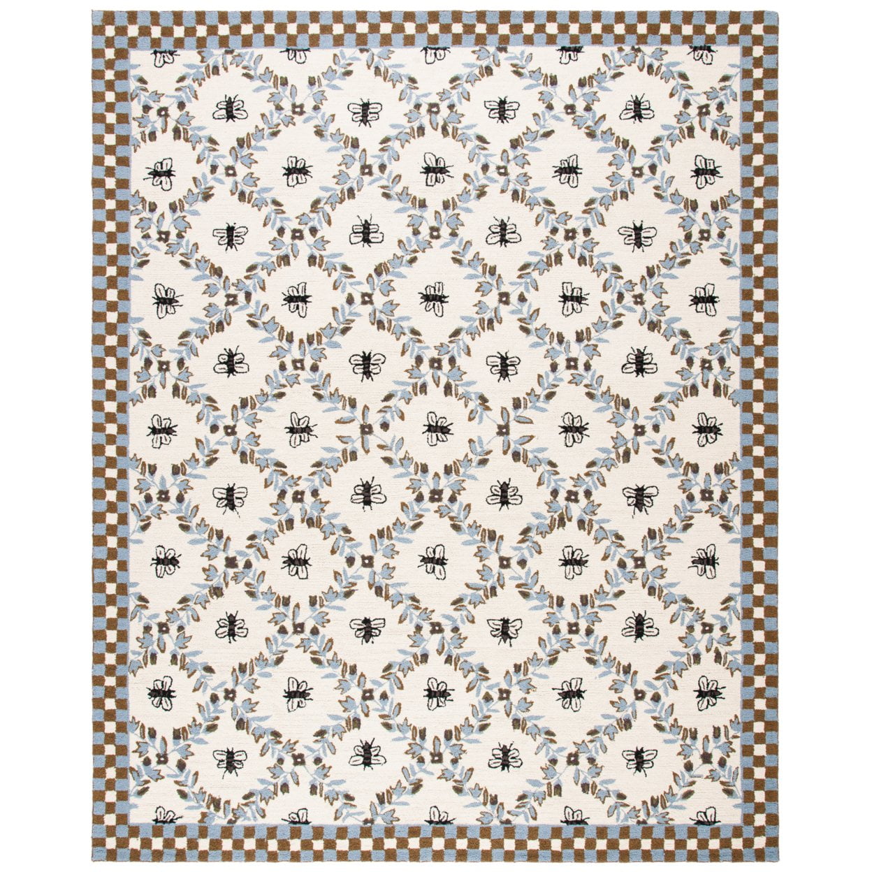 Handmade Blue Floral Wool Rectangular Rug with Edge Embellishment