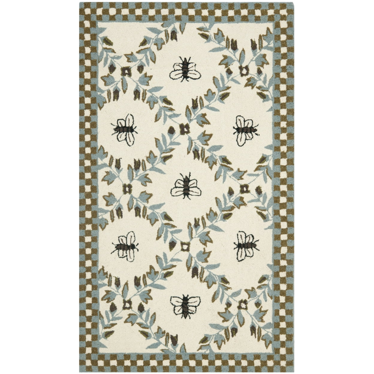 Ivory and Light Blue Floral Wool Hand-Hooked Rug, 8' x 8'
