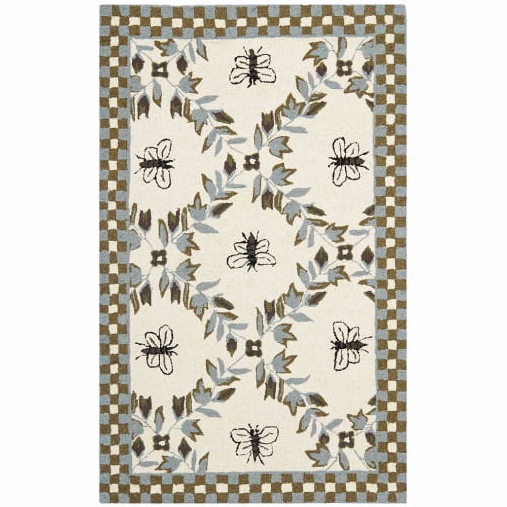 Ivory Floral Hand-Hooked Wool Rectangular Area Rug