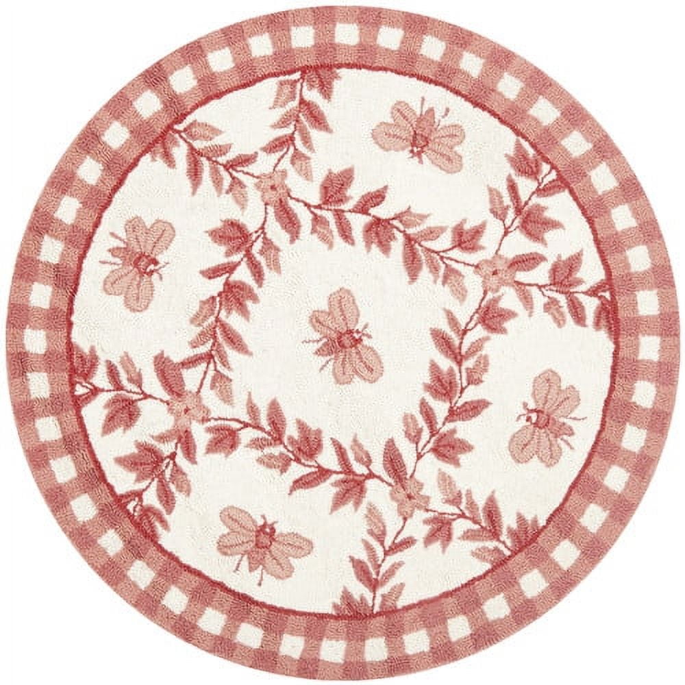 Ivory and Rose Floral Hand-Knotted Wool Round Rug