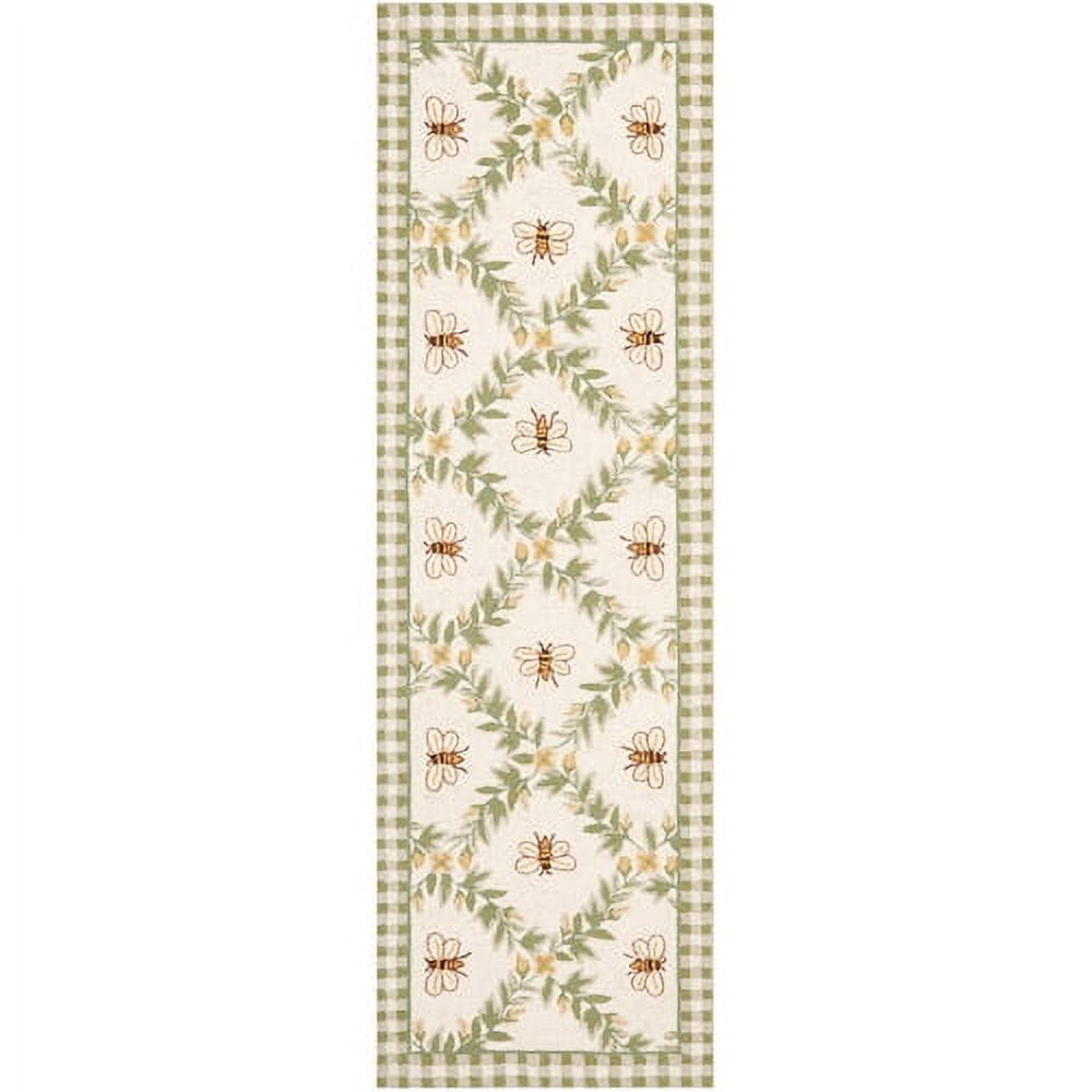 Handmade Ivory and Green Floral Wool Runner Rug
