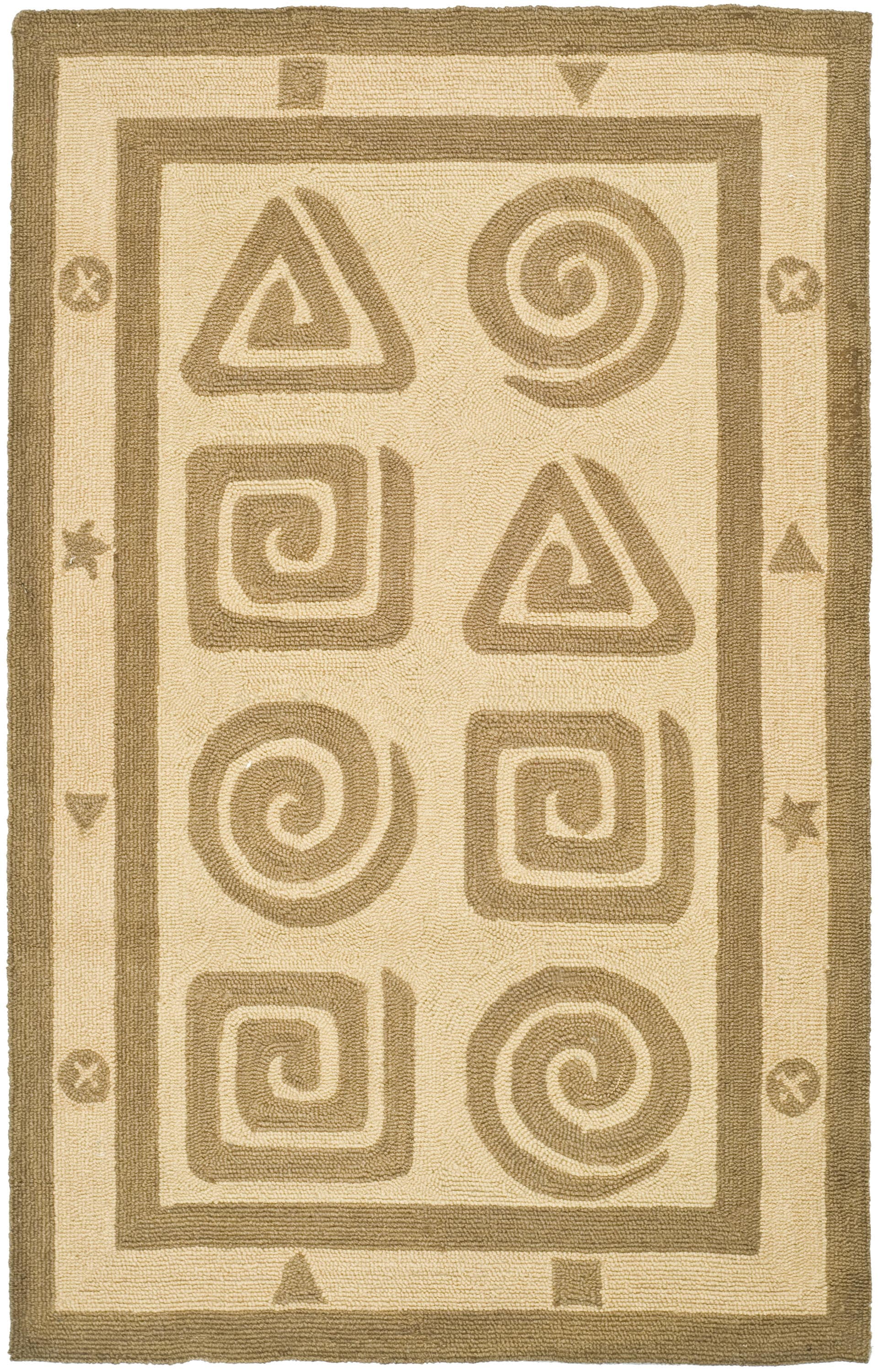 Beige and Brown Rectangular Wool Hooked Rug