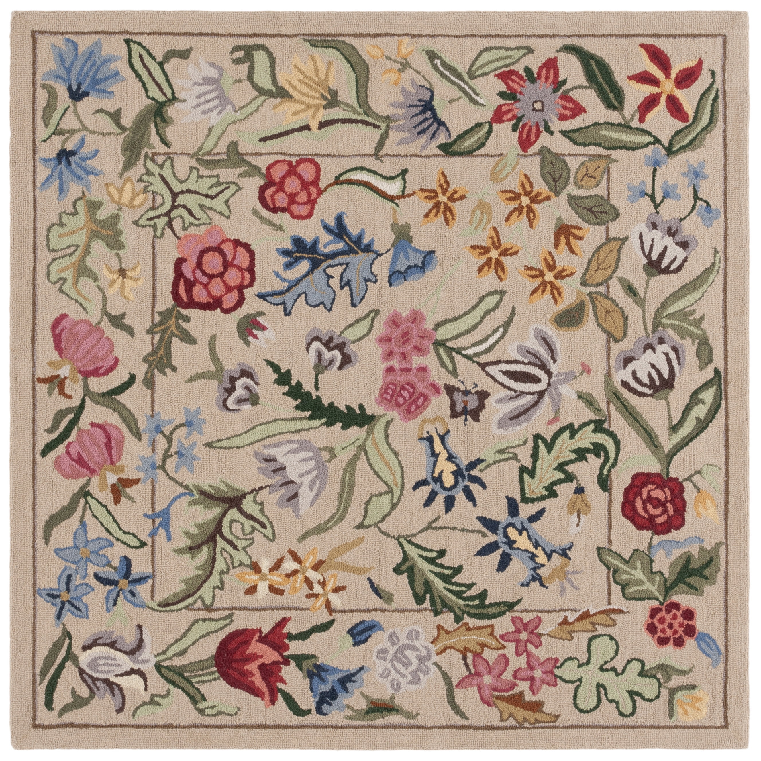 Beige and Pink Floral Tufted Wool Square Rug, 66"