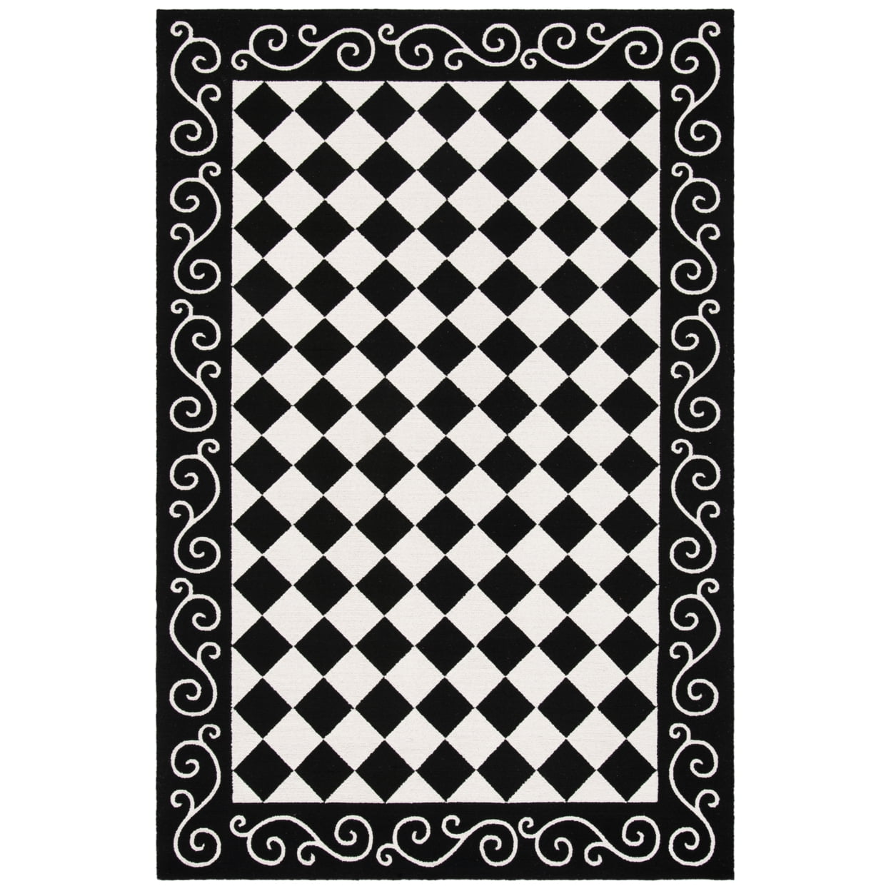 Black and Ivory Floral Wool Hooked Small Rug