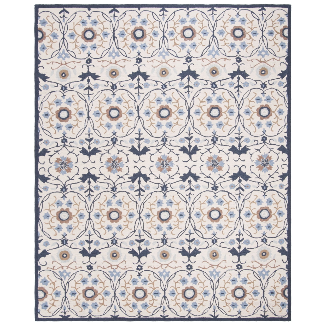 Handmade Ivory and Navy Floral Wool Rectangular Rug 4' x 6'