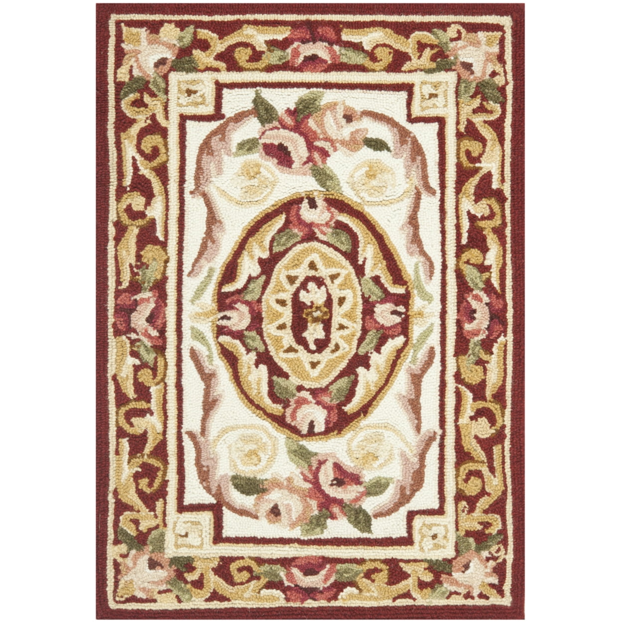 Ivory and Burgundy Floral Hand-Knotted Wool Area Rug