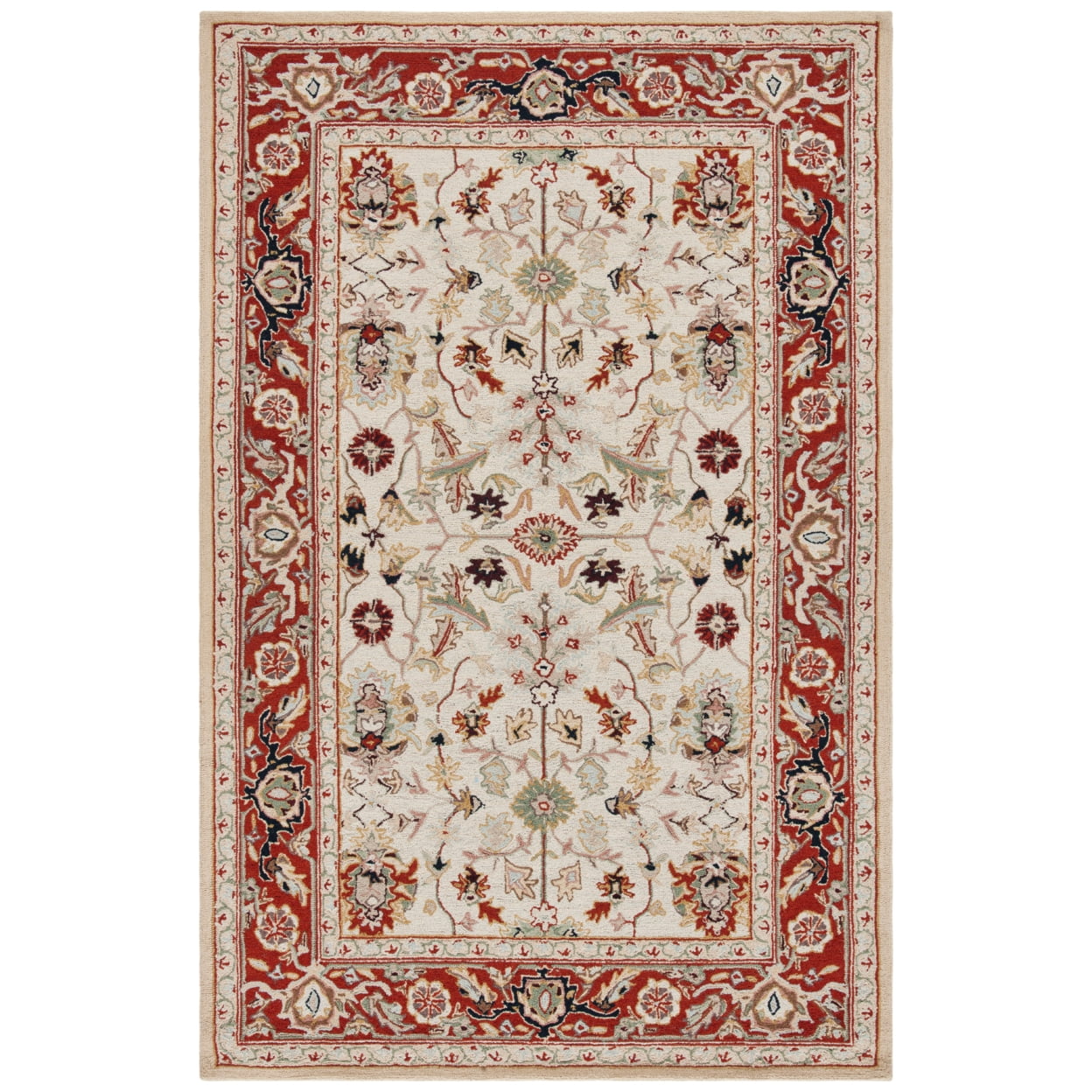 Ivory and Red Hand-Hooked Wool Rectangular Runner