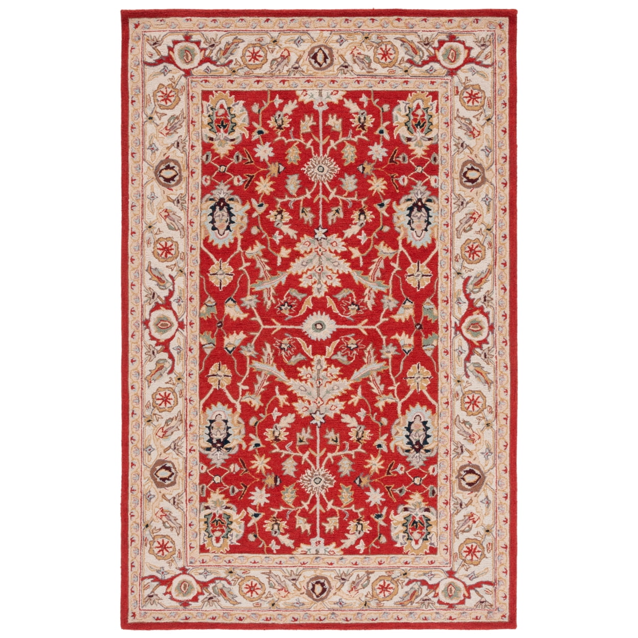 Handmade Red and Ivory Wool Rectangular Area Rug 4' x 6'