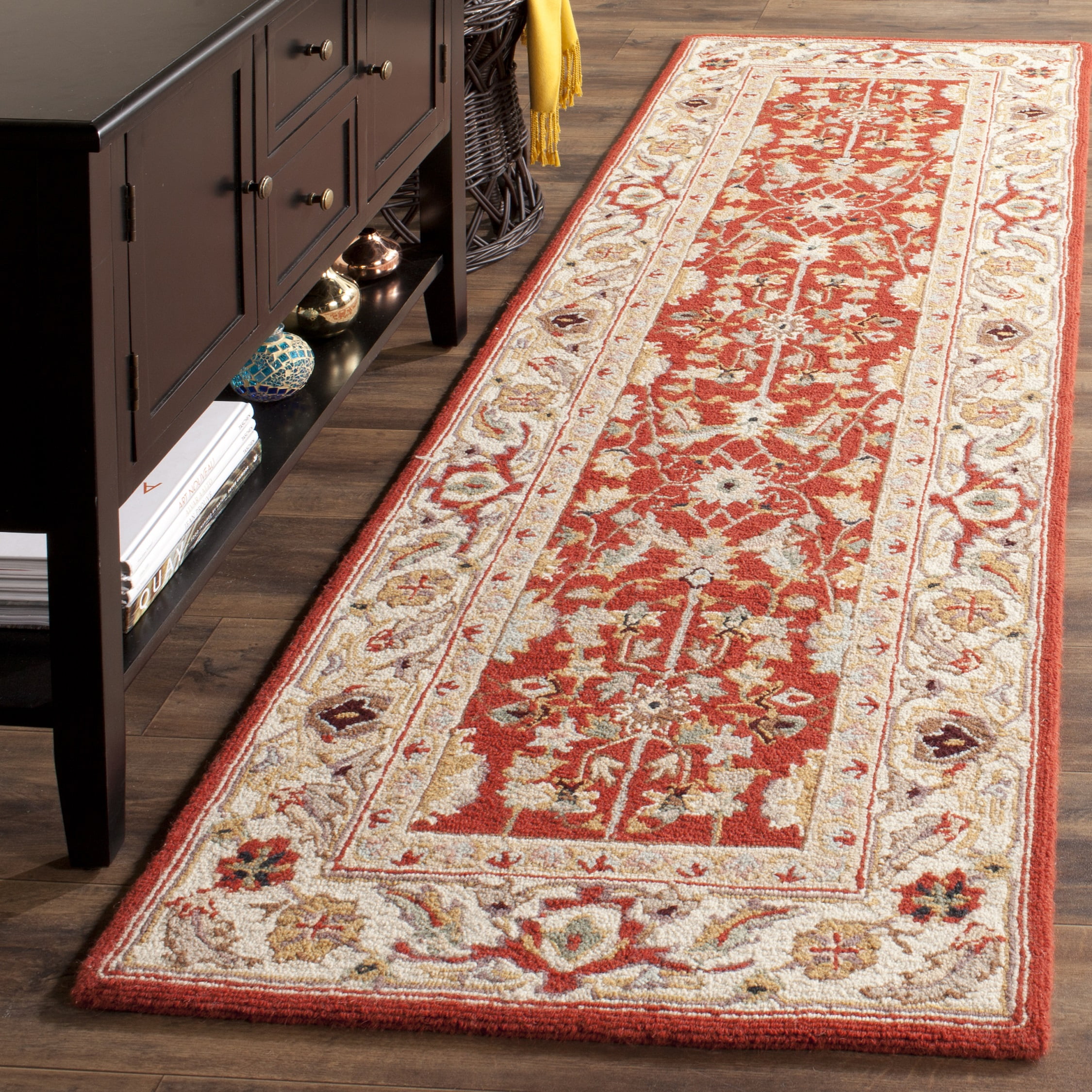 Handmade Red and Ivory Wool Floral Runner Rug