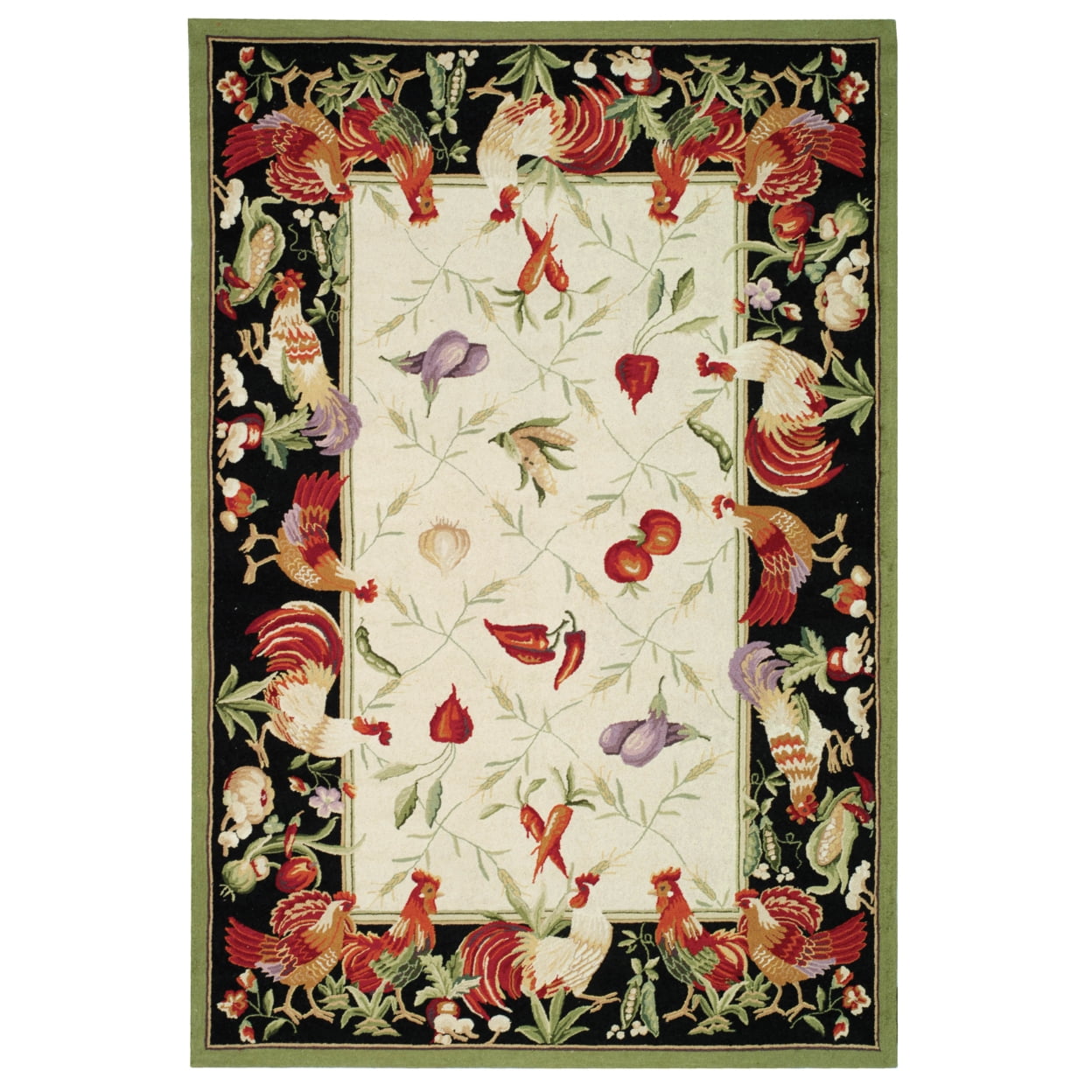 Ivory & Black Floral Hand-Knotted Wool Area Rug 6' x 9'