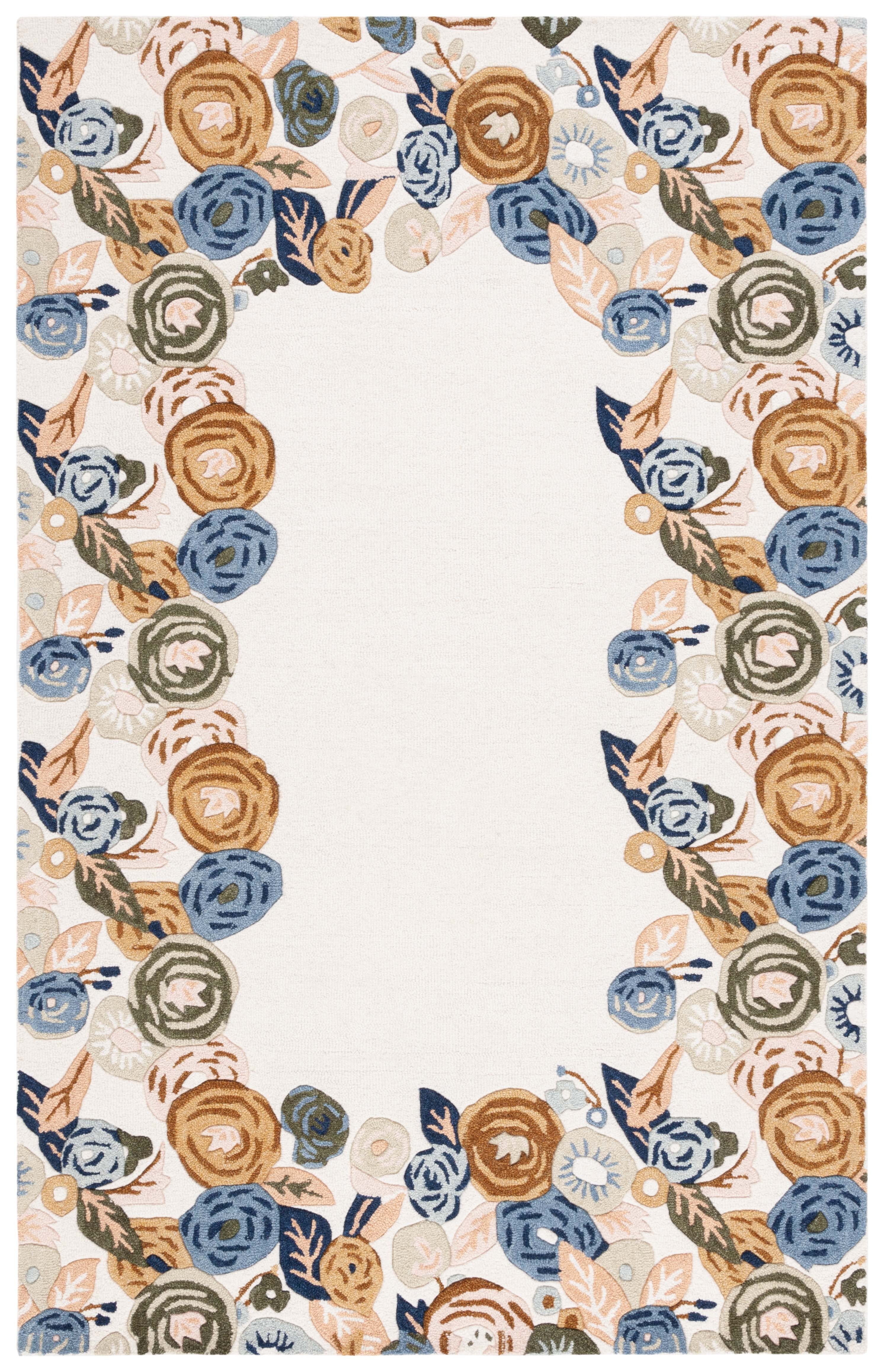 Ivory and Blue Floral Handmade Wool Rug, 3' x 5'