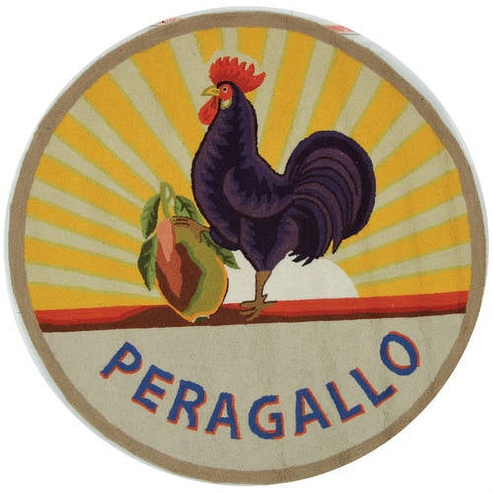 Ivory Oval Wool Area Rug with Rooster Design, 4'6" x 6'6"