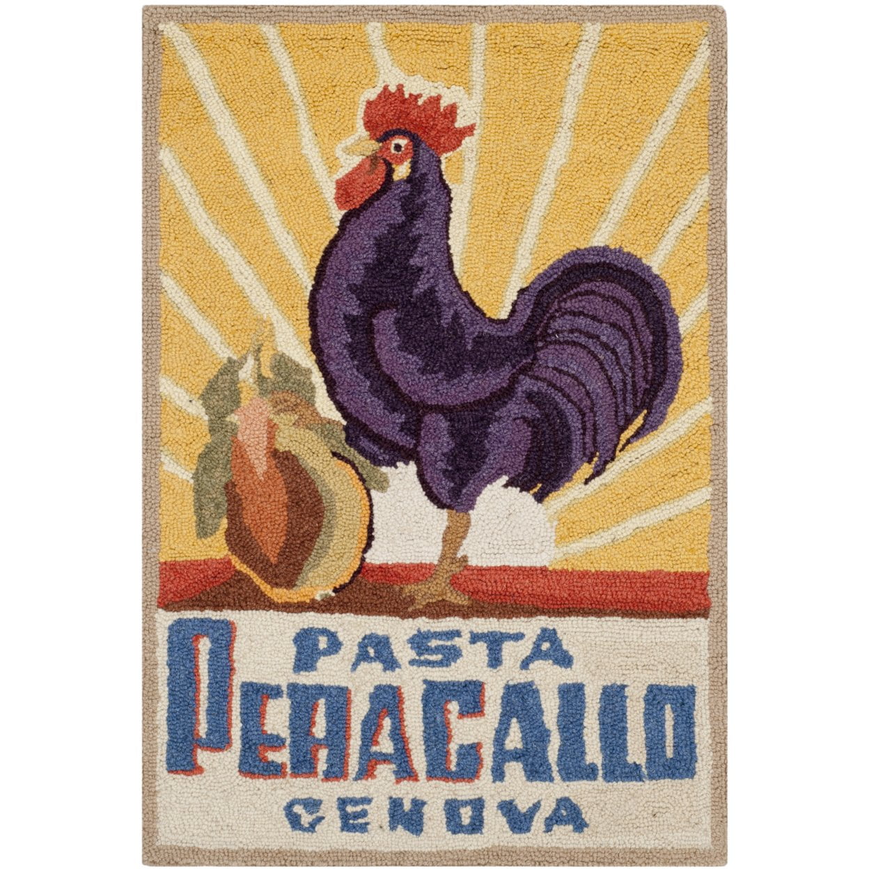 Ivory Oval Wool Area Rug with Rooster Design, 4'6" x 6'6"