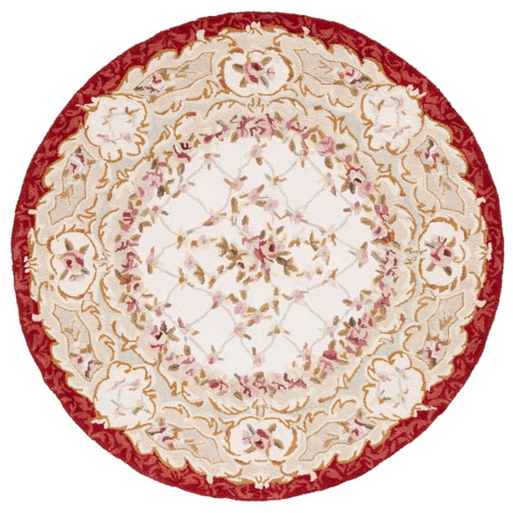 SAFAVIEH Chelsea Zoja Floral Wool Area Rug, Ivory/Burgundy, 4' x 4' Round
