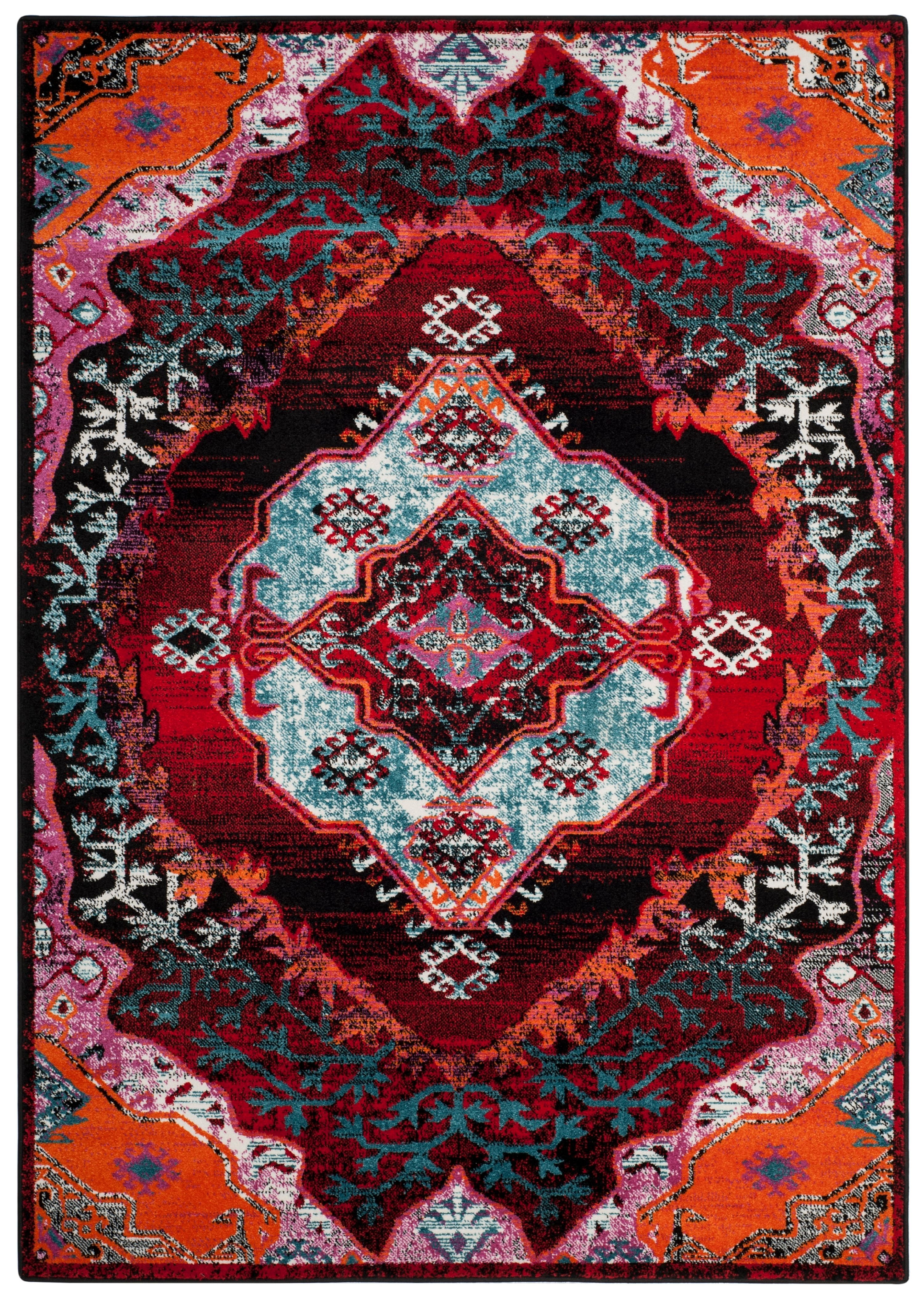 Red and Multicolor Synthetic Floral Motif Rectangular Area Rug