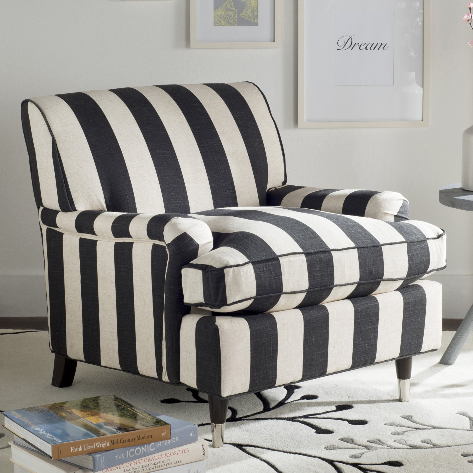 Chloe Black and White Striped Linen Arm Chair