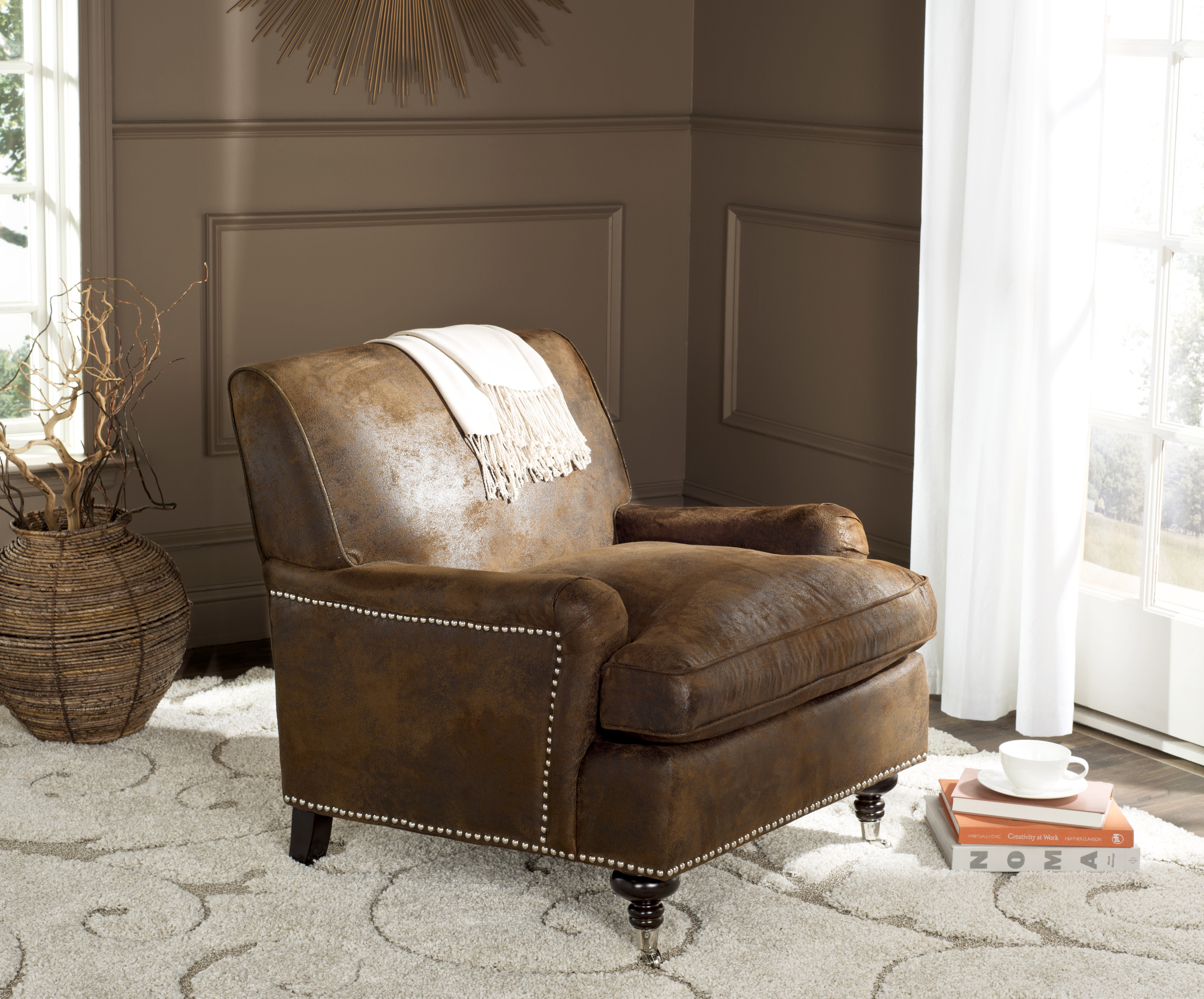 Upholstered club chair with casters deals