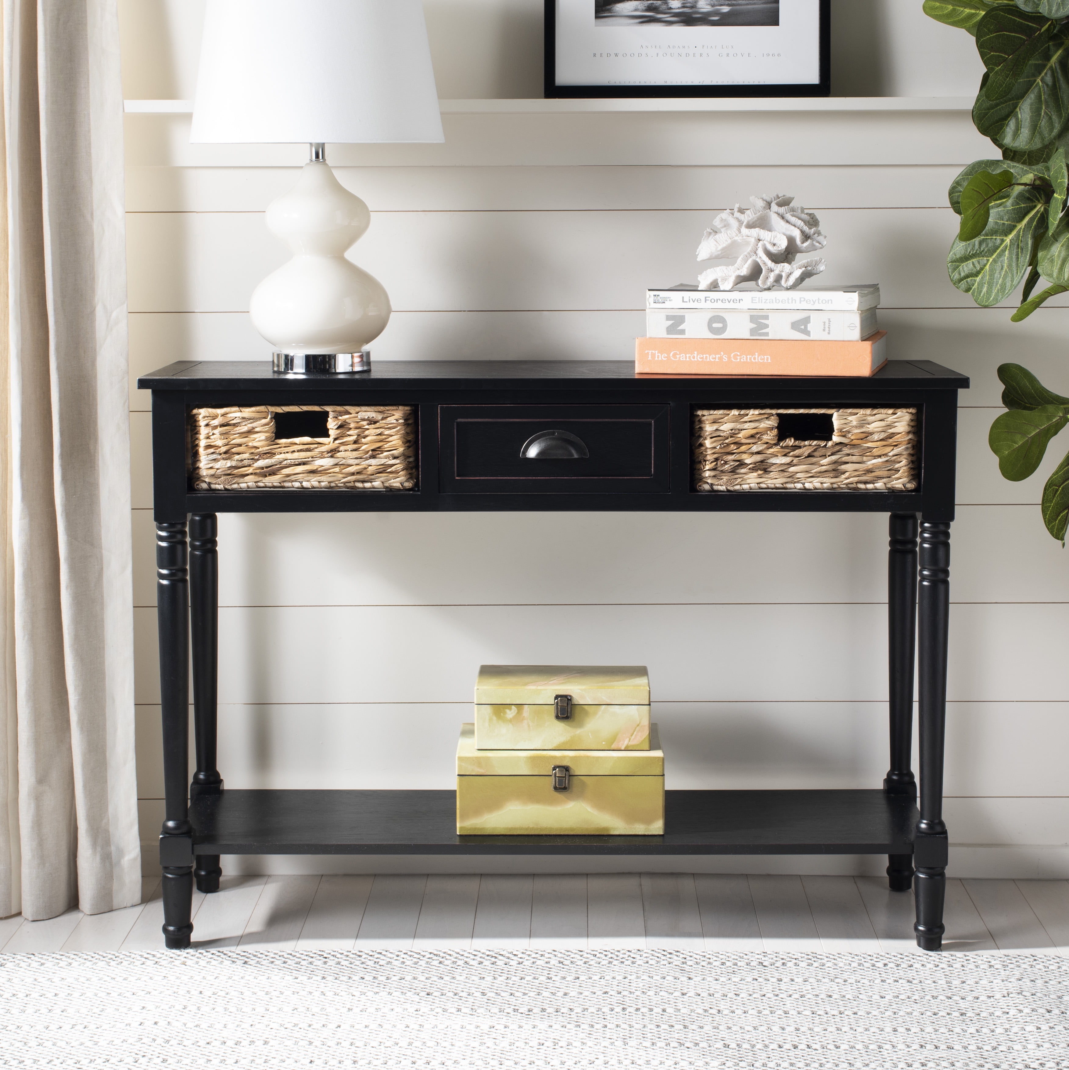 SAFAVIEH Christa Contemporary Console w Two Baskets Distressed Black