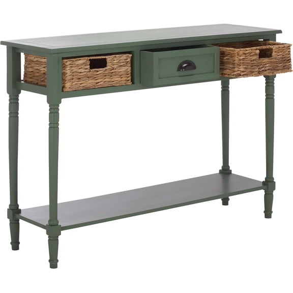SAFAVIEH Christa Entryway Console Table, Dusty Green Solid Wood 3-Drawer Storage Sofa Table with Rattan Baskets