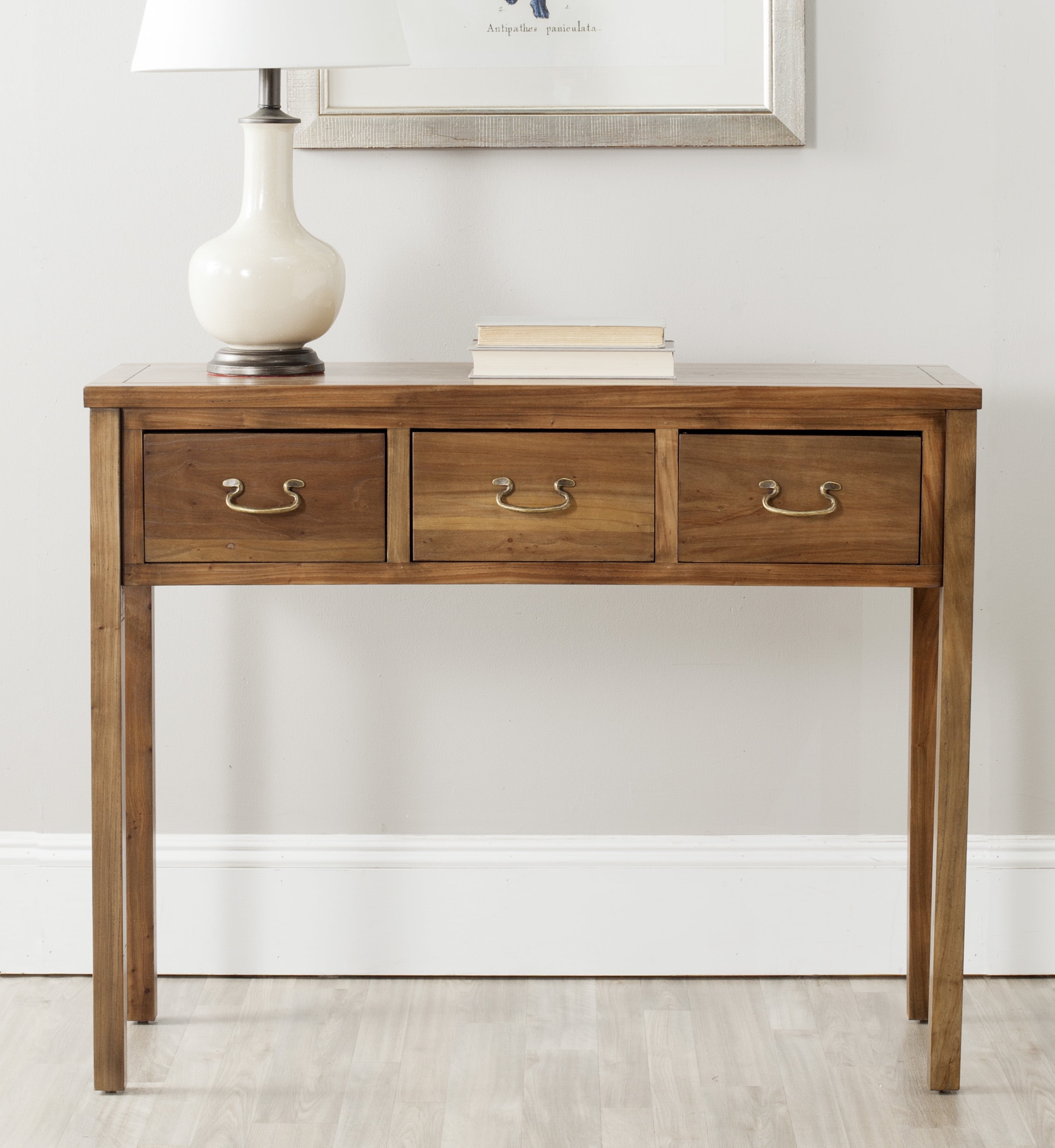 Transitional Oak Brown Console Table with 3 Storage Drawers