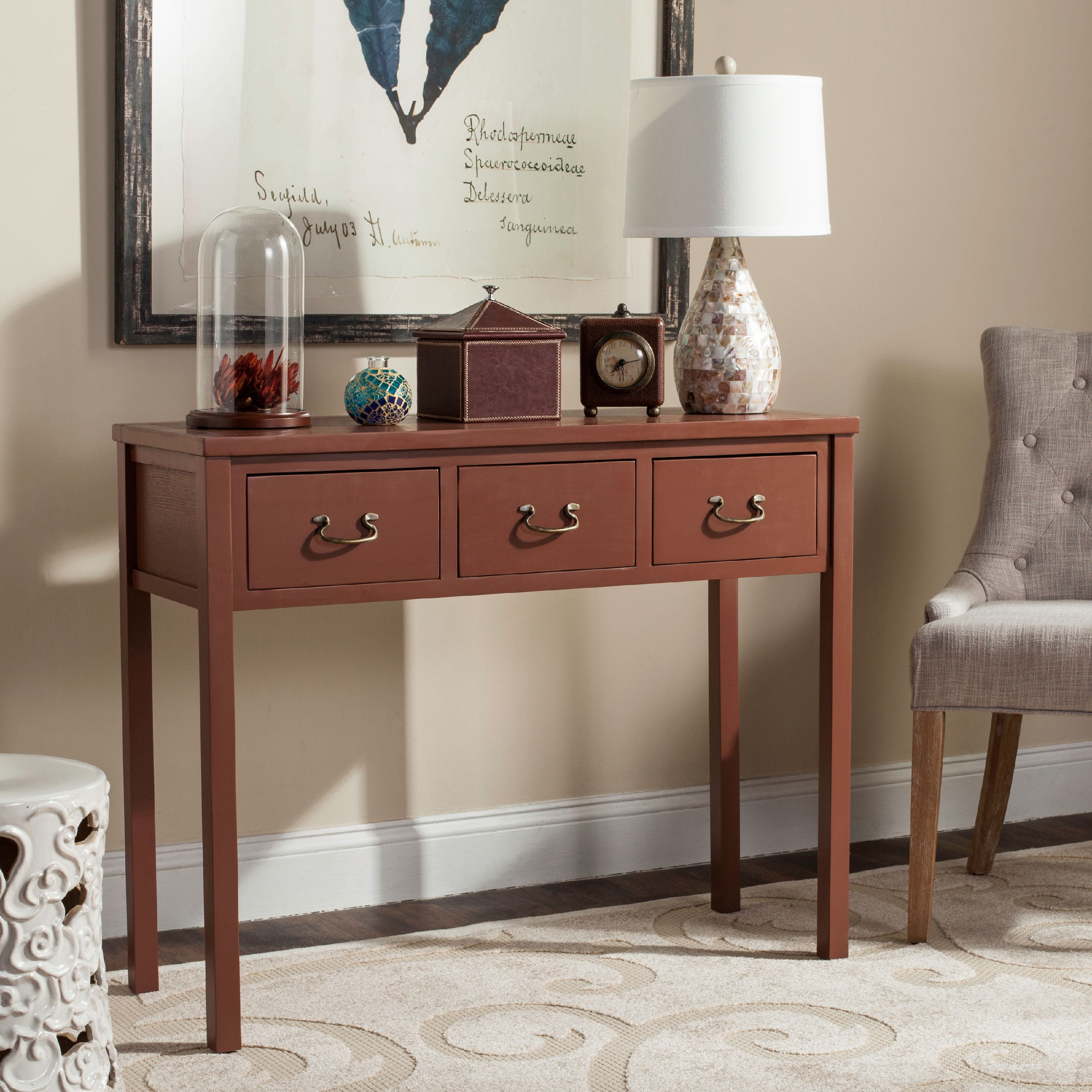 Transitional Brown Elm Wood Console with 3 Storage Drawers