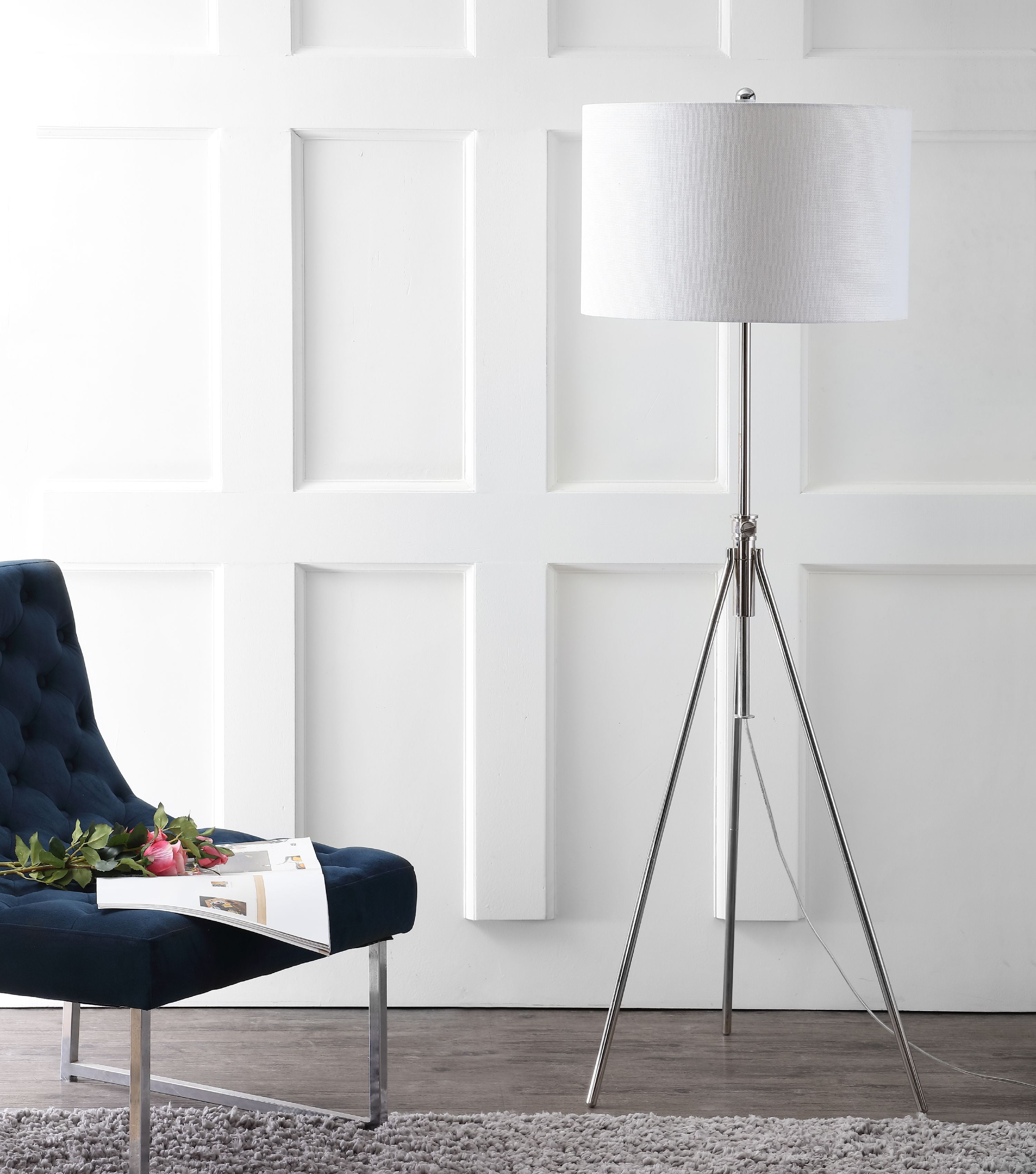 Cipriana Adjustable Nickel Tripod Floor Lamp with White Shade